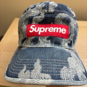 Supreme Flames Jacquard Denim Camp Cap Washed Indigo